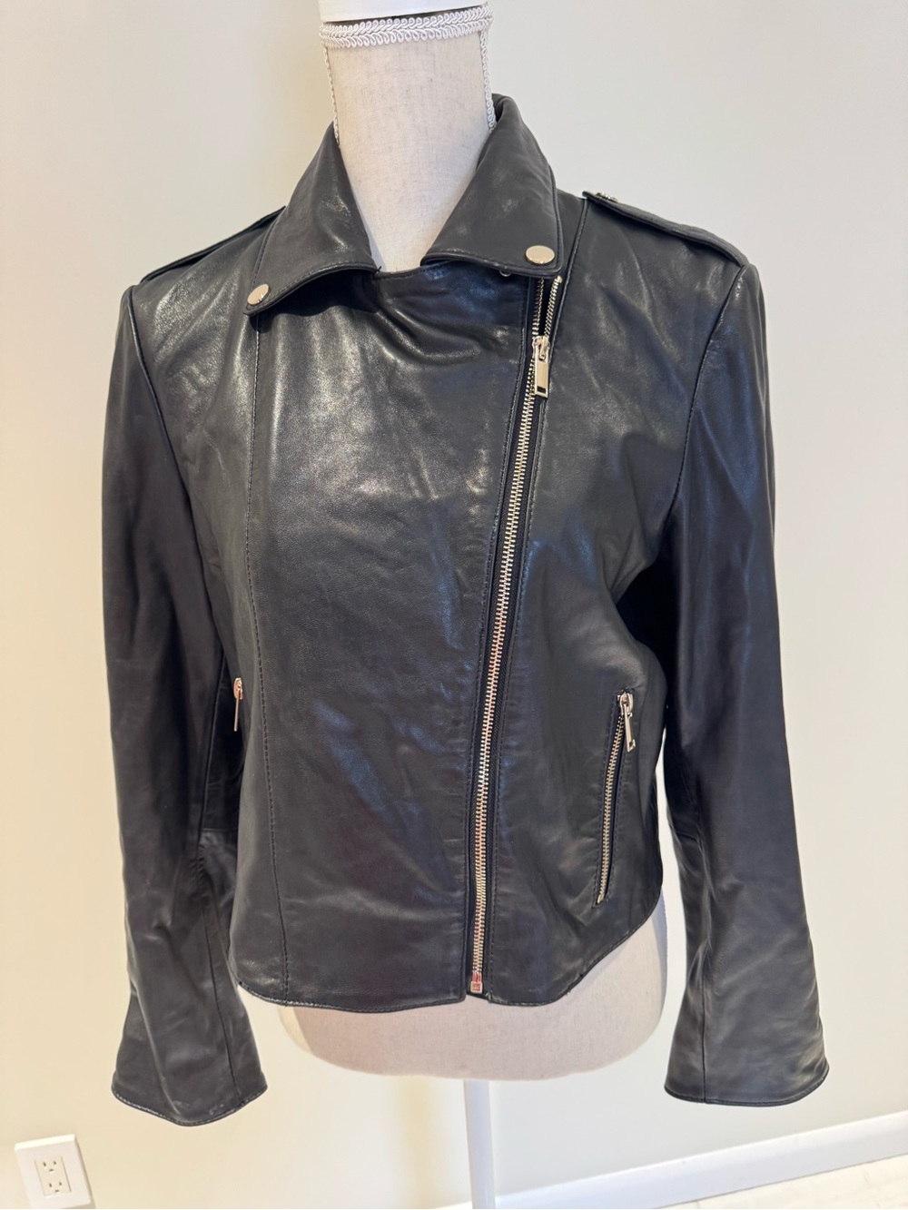 Mango Black Leather Asymmetrical Moto Jacket